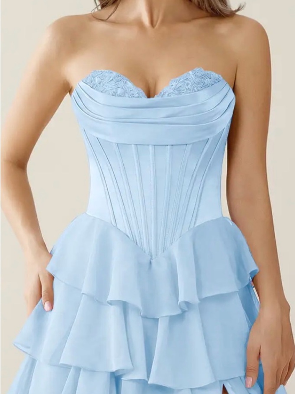 Strapless Light Blue Ruffled Tiered Evening Dress